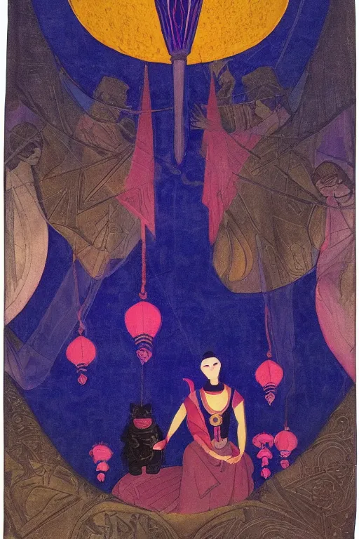 Image similar to queen of night with her lantern and birds, by Nicholas Roerich, black leather and embroidered velvet, iridescent beetles, rich color, dramatic cinematic lighting, extremely detailed