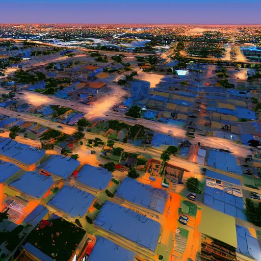 Prompt: modern anime still of an overview from the air of a small coastal Florida town at night, downtown in the distance, key anime visuals