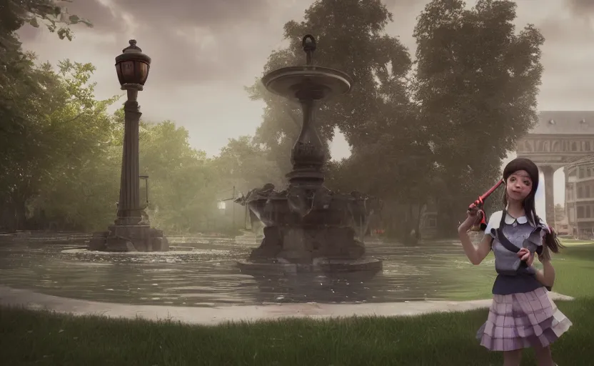 Prompt: magical and mystical school girl holding a knife on a park with ancient fountain, octane render, rembrandt, cgsociety, artstation trending, highly detailded