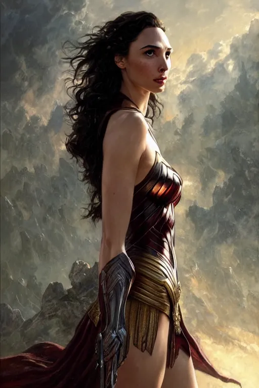 Image similar to Gal Gadot portrait, fantasy, powerful, elegant, intricate, beautiful lighting, by Stanley Artgerm Lau, greg rutkowski, thomas kindkade, alphonse mucha, loish, norman Rockwell