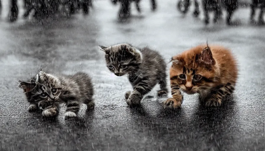 Image similar to its raining kittens and puppies in the most unusual storm ever, surprised people running for cover, some trying to catch the kittens, chaos in the city, high quality, high details, panoramic