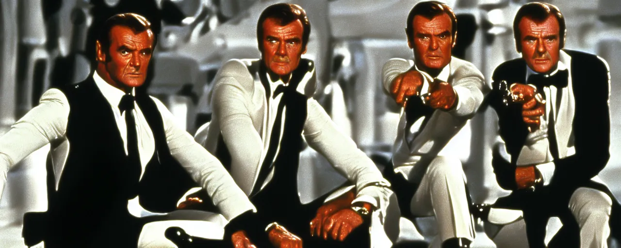 Prompt: a film still of Sean Connery and Roger Moore both as James Bond in Star Wars 1977 high quality .