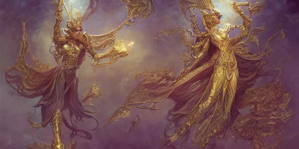 Image similar to playing card of ascending full body goddess , intricate armor, highly detailed, glowing, action pose, cinematic, Art Deco, gold filigree, ethereal, artgerm, alfonso mucha, zdzisław beksiński, Andrei ryabovichev, Peter mohrbacher, 8k