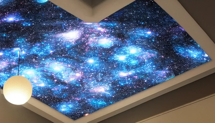 Image similar to diy arts and crafts project of a quatum generator projecting galaxies and black holes on your ceiling, realistic materials, hyperrealistic