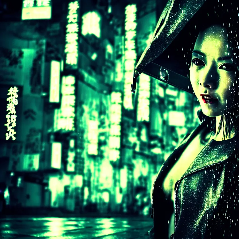 Image similar to a photo close up cyberpunk woman dancing in the rain, cyberpunk hiroshima, prefecture streets, midnight, photorealistic, cinematic lighting, highly detailed, bokeh, style by tomino - sama