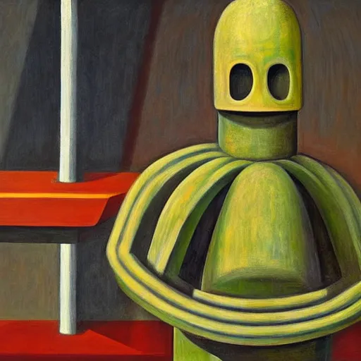 Image similar to brutalist giant unfeeling robot bishop visage, portrait, atrium, rotunda, dystopian, pj crook, edward hopper, oil on canvas