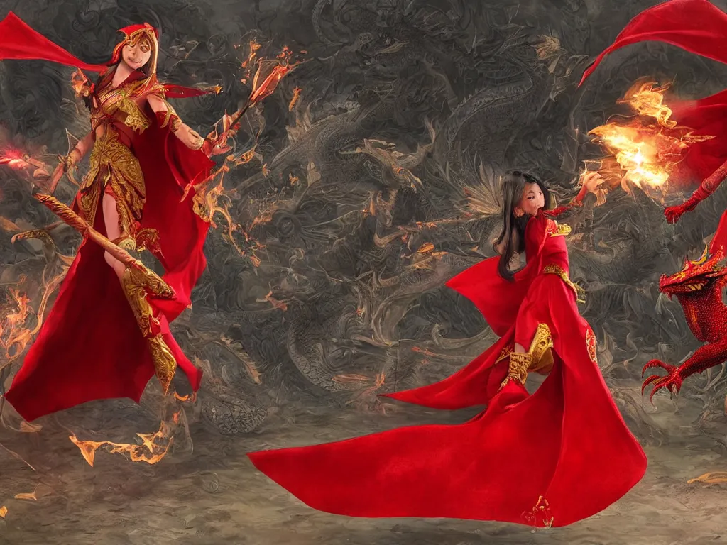 Image similar to a realistic asian fantasy illustration of a female elf mage in a scale mail and a red cape casting a fire spell in a shape of a dragon