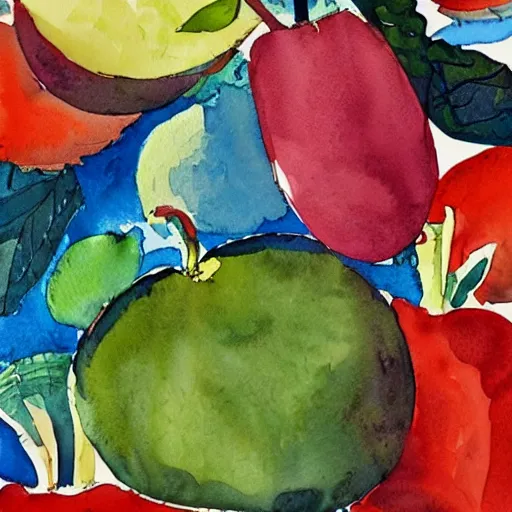 Prompt: watercolor and collage by eric carle, of a man day dreaming about fruit, peaceful mood