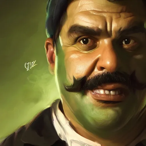 Prompt: hyper realistic portrait, beautifully rendered, luis guzman as luigi wearing green, smirking deviously, luigi, painted by greg rutkowski, wlop, artgerm, dishonored 2