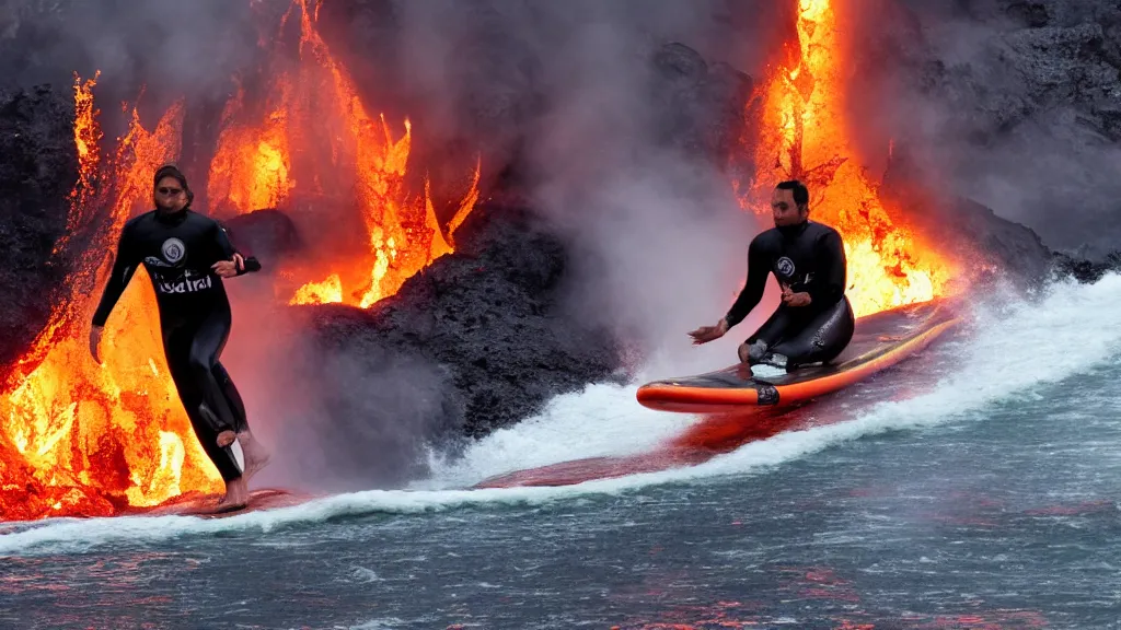 Image similar to person wearing a sponsored team jersey with logos surfing down a river of lava on the side of a volcano on surfboard, action shot, dystopian, thick black smoke and fire, sharp focus