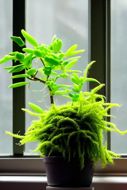 Image similar to an unknown exotic succulent shrubbery, a strange and weird potted plant is in a windowsill