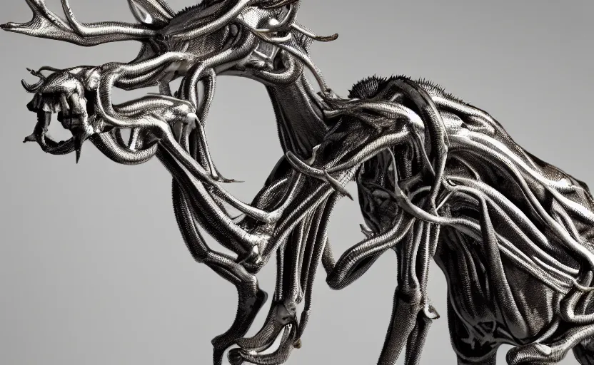 Prompt: stylized shiny polished silver statue full body extra limbs bizarre cosmic horror quadruped animal moose deer skull four legs made of marble of slug creature tendrils, perfect symmetrical body, perfect symmetrical face, hyper realistic, hyper detailed, by johannen voss, by michelangelo, octane render, blender, 8 k, displayed in pure white studio room medical render red veins