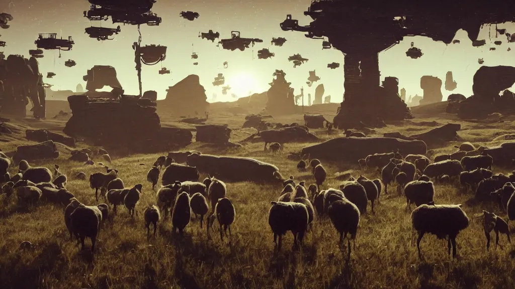 Image similar to Cyberpunk cowboys herding sheep in a No Man's Sky landscape in the style of Frederic Remington