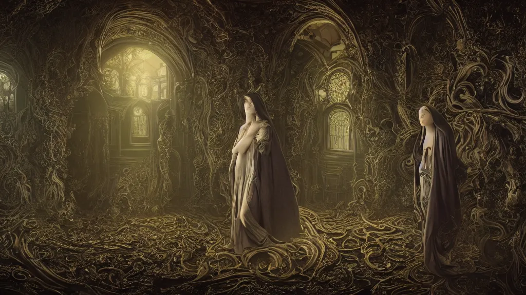 Image similar to whimsically designed pre-raphaelite dark cloaked divine missionary, symmetrical , before an orb of blue light, gold, rococo details, octane render, 4k post processing is very detailed, moody lighting, Maya+V-Ray +metal art+ extremely detailed, beautiful, unreal engine, lovecraft, Big Bang cosmology in LSD+IPAK,4K, beatiful art by Lêon François Comerre, ashley wood, craig mullins, ,outer space view, William-Adolphe Bouguereau, Rosette