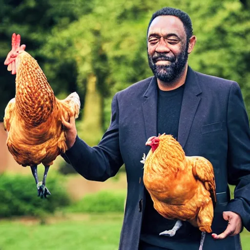 Prompt: lenny henry juggling chickens