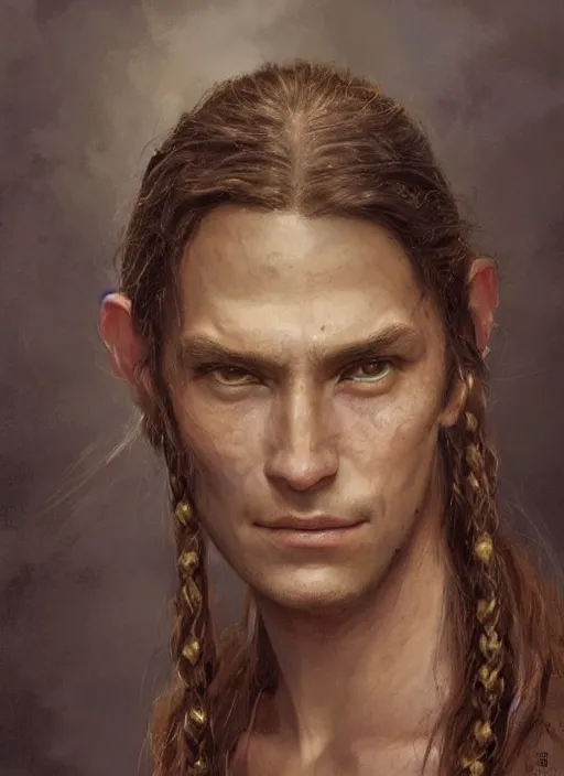 Image similar to a young shaman in his twenties with long light brown hair tied back, a large forehead, a widows peak and a round face with high cheekbones as a realistic d & d fantasy character, portrait art by donato giancola and greg rutkowski, vintage retro, realistic face, digital art, trending on artstation