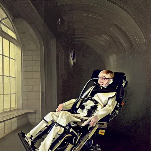 Image similar to stephen hawking in an exoskeleton suit, sci - fi painting by pieter claesz and james c. christensen