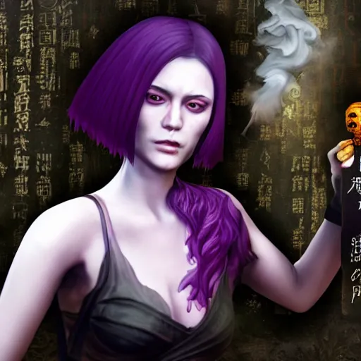 Prompt: fantasy portrait of a woman made of obsidian and smoke, carved Japanese Sakura wood organic overgrowth, holding nevermore, in GTA V, boxart, loading screen, Stephen Bliss