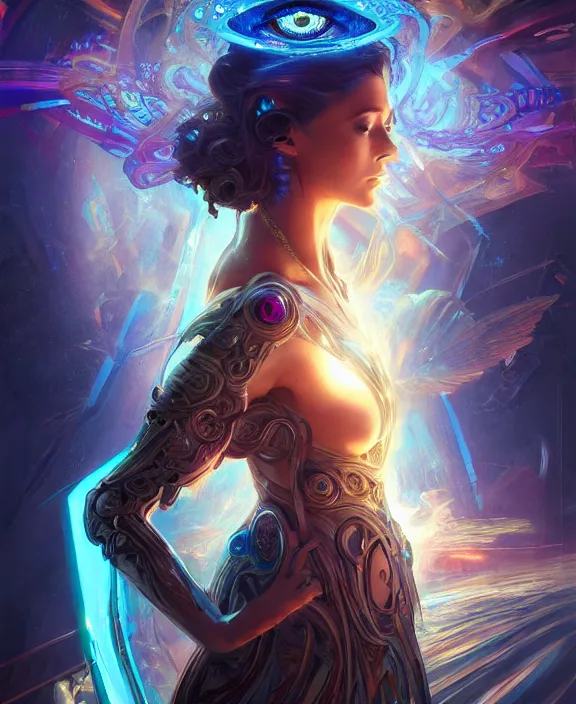 Image similar to a whirlwind of souls rushing inside the metaverse, half body, glowin eyes, tiara with sapphire, insect, android, cyberpunk, d & d, fantasy, intricate, elegant, highly detailed, colorful, vivid color, digital painting, artstation, concept art, art by artgerm and greg rutkowski and alphonse mucha and ruan jia