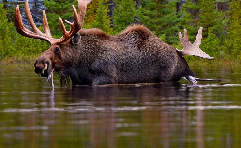 Prompt: moose beaver hybrid, tail, rodent, teeth, antlers, drinking at a lake, photorealistic, photography, nature, forest, wildlife