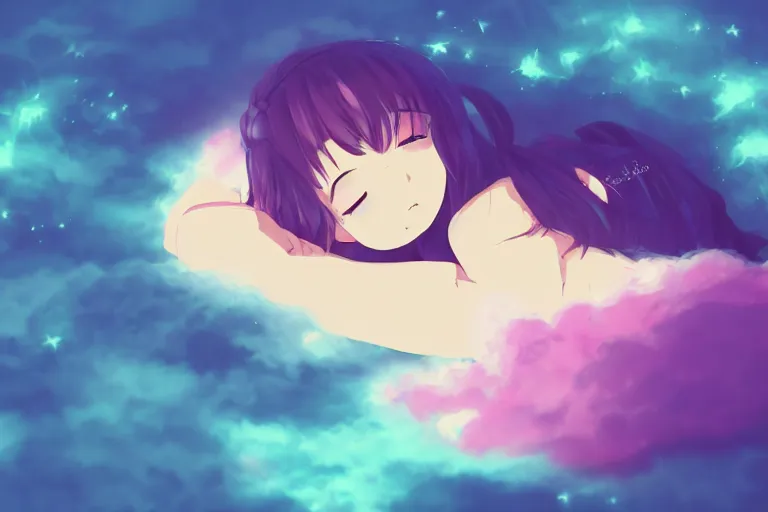 Image similar to a cute anime girl sleeping on a cloud, misty, glows, digital art, hazy, foggy, ambient lighting, 8 k, neon, synthwave,