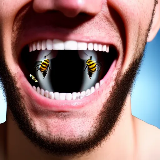 Image similar to photograph of smiling man with bees crawling out of his mouth, 8k resolution, high detail, ULTRA REALISTIC VFX, reflections