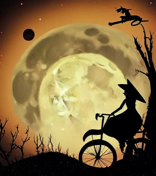 Prompt: a witch with a pointy hat is riding a flying bike across the full moon as silhouette, from the movie e. t. the extra terrestrial, with dark trees in foreground, cinematic frame by steven spielberg, hd