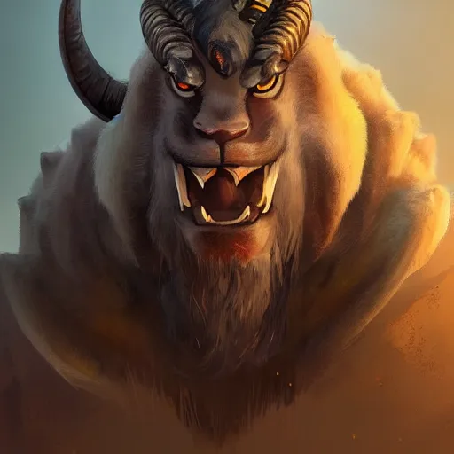 Prompt: Portrait of an antropomorphic ram warrior, long ram horns and dark brown goatee, fierce and wild look, mattepainting concept Blizzard pixar maya engine on stylized background splash comics global illumination lighting artstation lois van baarle, ilya kuvshinov, rossdraws