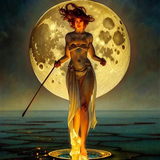 Image similar to full moon on fire, fantasy, intricate, elegant, dramatic lighting, emotionally evoking symbolic metaphor, highly detailed, lifelike, photorealistic, digital painting, artstation, concept art, smooth, sharp focus, illustration, art by John Collier and Krenz Cushart and Artem Demura and Alphonse Mucha and Albert Aublet