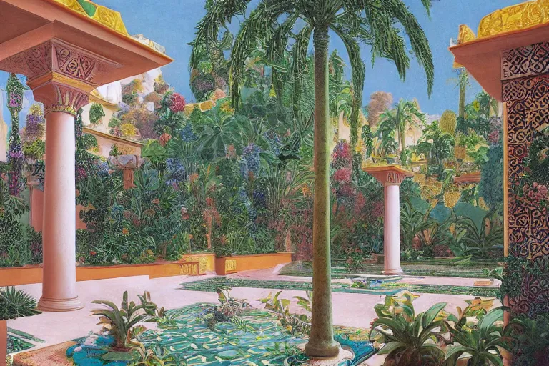 Image similar to painting of a beautiful moorish palace courtyard garden, by alayna danner and maxfield parrish and evelyn de morgan, patterned tilework, palm trees, tiled fountains, extremely detailed, cinematic lighting, smooth sharp focus