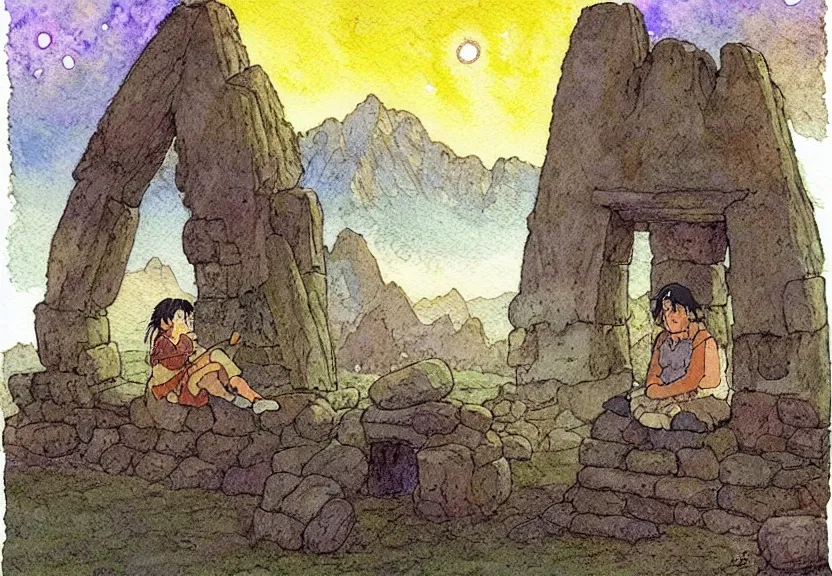 Image similar to a simple watercolor studio ghibli movie still fantasy concept art of a giant native american man sitting on a tiny stonehenge in machu pichu. it is a misty starry night. by rebecca guay, michael kaluta, charles vess