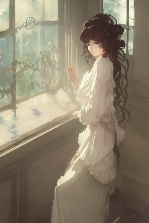 Prompt: a girl in a maid's outfit in the bedroom a night, raining outside the window, wavy white long hair, by krenz cushart and mucha and akihito yoshida and greg rutkowski and makoto shinkai and rella, detailed eyes, 4 k resolution