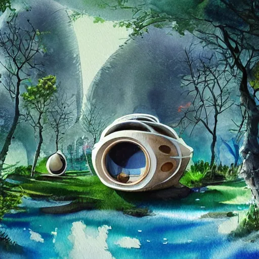 Image similar to beautiful happy picturesque charming sci - fi organic pod - like homes of the future consisting of modules in a beautiful natural scene. water, trees and rocks. beautiful light. soft colour scheme. beautiful artistic detailed watercolor by lurid. ( 2 0 2 2 )