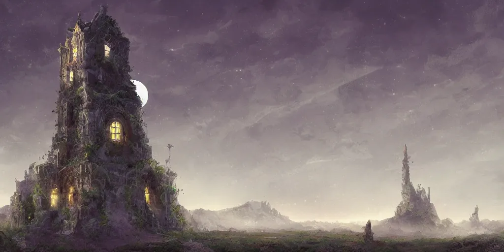 Image similar to The great intricate marble wizards tower, painted landscape, green fields in the background, moody lighting, moon in the night sky, sharp image, 4k, artstation, colorful digital art