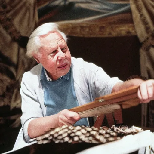 Prompt: david attenborough playing queen elizabeth, scene from movie