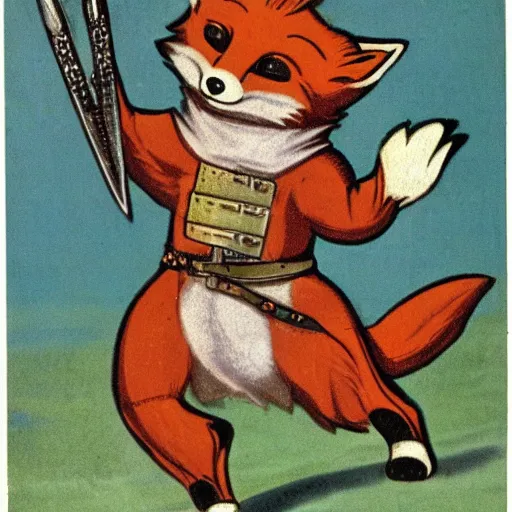 Image similar to anthropomorphic fox who is a medieval knight, 1930s film