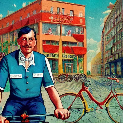Image similar to portrait of mayor of budapest gergely karacsony riding a bicycle in summer shirt, hungarian propaganda poster, hungarian flag in the background, colored, artgerm, highly detailed