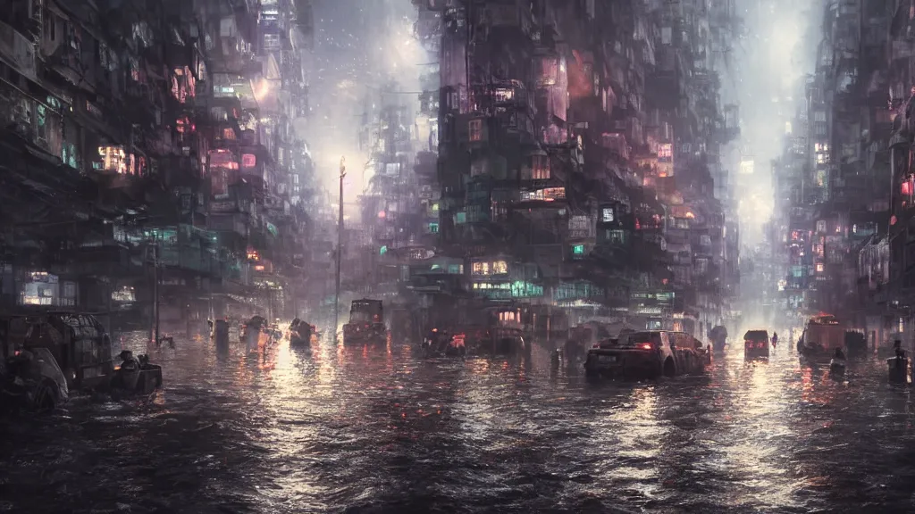 Prompt: dramatic Photorealistic, Matte Painting of a freight ship with bright head lights traveling down a busy post apocalyptic deep flooded Hong Kong city street at night,dark Tall buildings by Greg Rutkowski,Craig Mullins,Hyperrealism,Beautiful dramatic moody lighting,Cinematic Atmosphere,Octane Rendering,8K