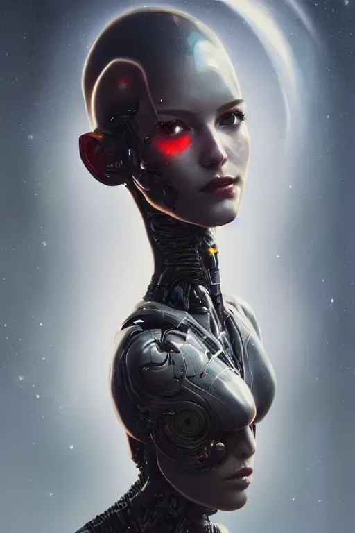 Image similar to a fancy portrait of a half robot half alien women by Greg Rutkowski, Sung Choi, Mitchell Mohrhauser, Maciej Kuciara, Johnson Ting, Maxim Verehin, Peter Konig, final fantasy , 8k photorealistic, cinematic lighting, HD, high details, atmospheric , trending on artstation