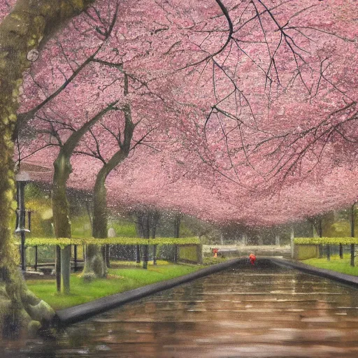 Prompt: ultradetailed ornamental shrine surrounded by cherry blossom trees, wet and rainy, realist painting, 8 k