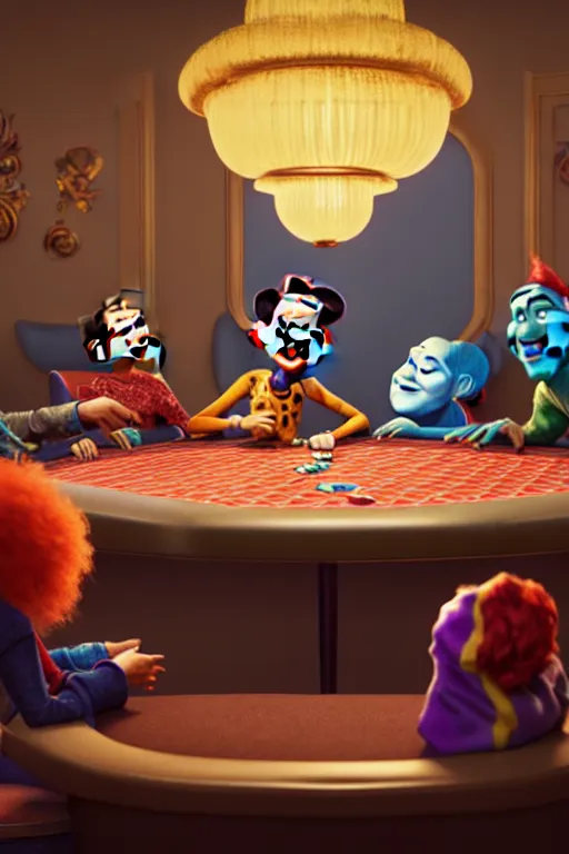 Prompt: pixar clowns sitting around a poker table, laughing maniacally | glamorous oily soft polished rich ornate modern | weta disney pixar movie still photo | hi - fructose, sci fi fantasy, smooth, octane render, sharp focus, artstation, concept art | artgerm, mucha, rutkowski, feng zhu, wlop, loish