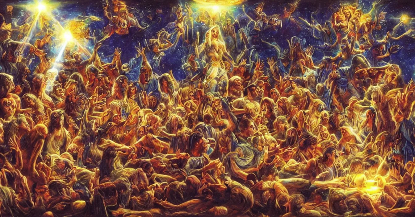 Prompt: Human egos are trapped in the illusion of physical reality, sitting in a movie theater, watching the light of consciousness project their lives onto a giant screen, realistic image full of sense of spirituality, life meaning, meaining of physical reality, happy atmosphere, by Jeff Easley