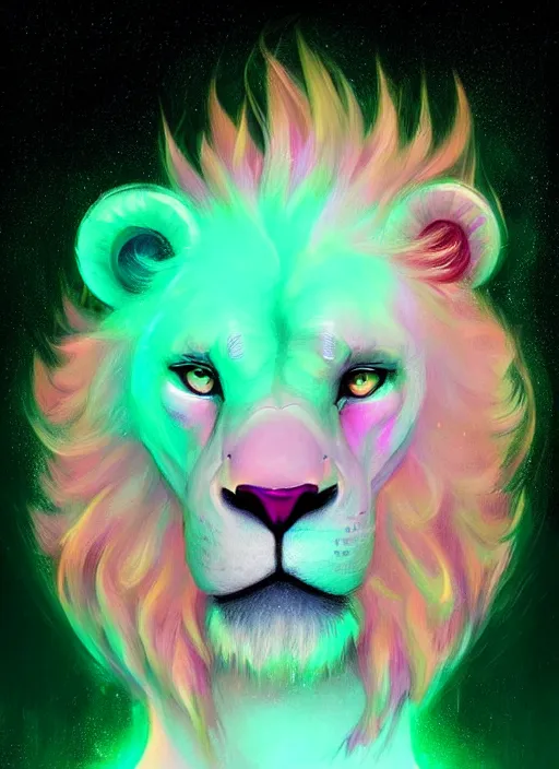 Image similar to !dream aesthetic portrait commission of an albino male furry anthro lion wearing a mint colored thin cloack, pastel Neon lense flares. Atmospheric. Character design by charlie bowater, ross tran, artgerm, and makoto shinkai, detailed, inked, western comic book art, 2021 award winning painting