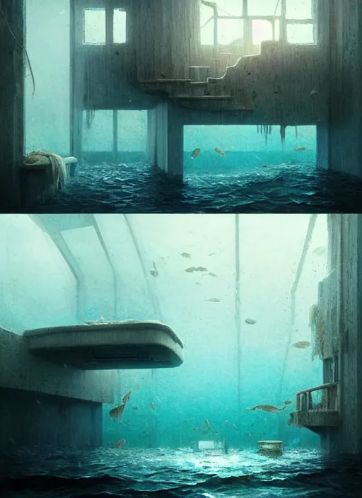 Image similar to inside a house that is sinking in the ocean, water is about mid level, furniture is half way submerged, concept art, highly detailed, cinematic lighting, digital art painting by greg rutkowski