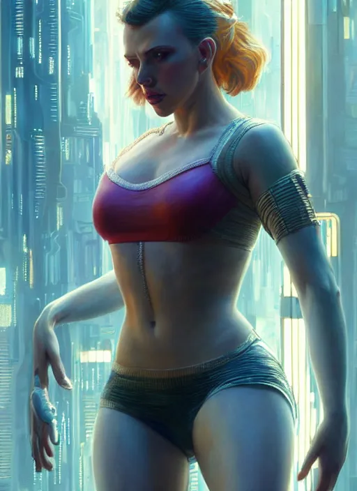 Image similar to portrait of Scarlett Johansson as a ballet dancer character in Cyberpunk 2077, looking at camera, intricate, dystopian, sci-fi, extremely detailed, digital painting, artstation, concept art, smooth, sharp focus, illustration, intimidating lighting, incredible art by artgerm and greg rutkowski and alphonse mucha and simon stalenhag