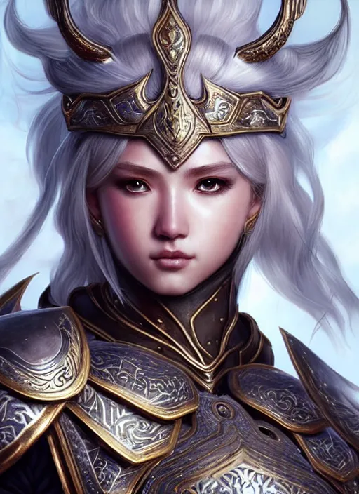 Image similar to warrior, intricate ornate opal heavy armor!!! beautiful and athletic white hair female!! gorgeous face and eyes!! character concept art, sharp focus, octane render! unreal engine 5! highly rendered!! trending on artstation!! detailed linework!! illustration by artgerm, wlop, and chie yoshii