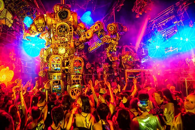 Image similar to scene is elrow party in amnesia ibiza, portrait photo of a giant huge golden and blue metal steampunk robot, with gears and tubes, eyes are glowing red lightbulbs, shiny crisp finish, 3 d render, 8 k, insaneley detailed, fluorescent colors, haluzinogetic, background is multicolored lasershow