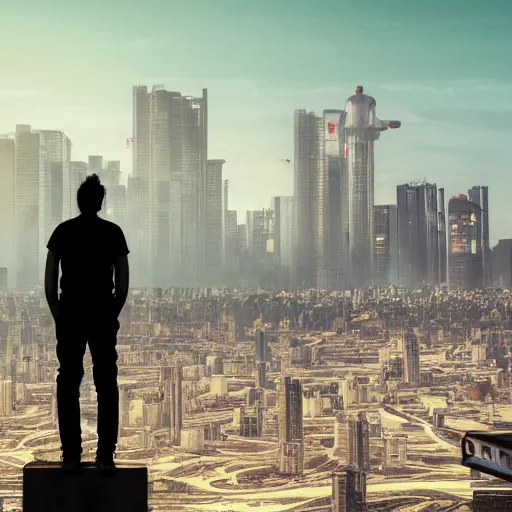 Prompt: man standing on ledge facing a solar punk city skyline