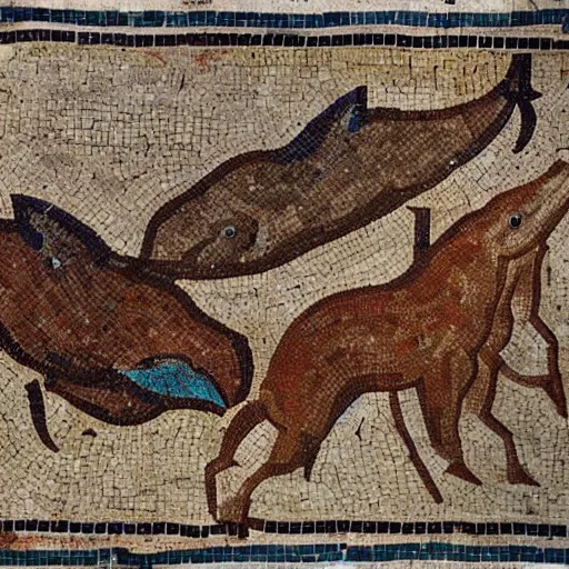 Prompt: roman mosaic showing dolphins surrounding a capybara