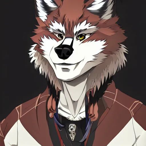 Image similar to key anime visual portrait of an anthropomorphic male wolf furry fursona in tribal clothing, handsome eyes, trending on artstation, furaffinity
